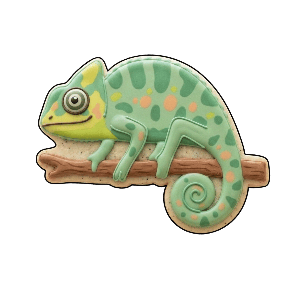 Green chameleon cookie perched on a brown branch with spotted body details and a curled tail