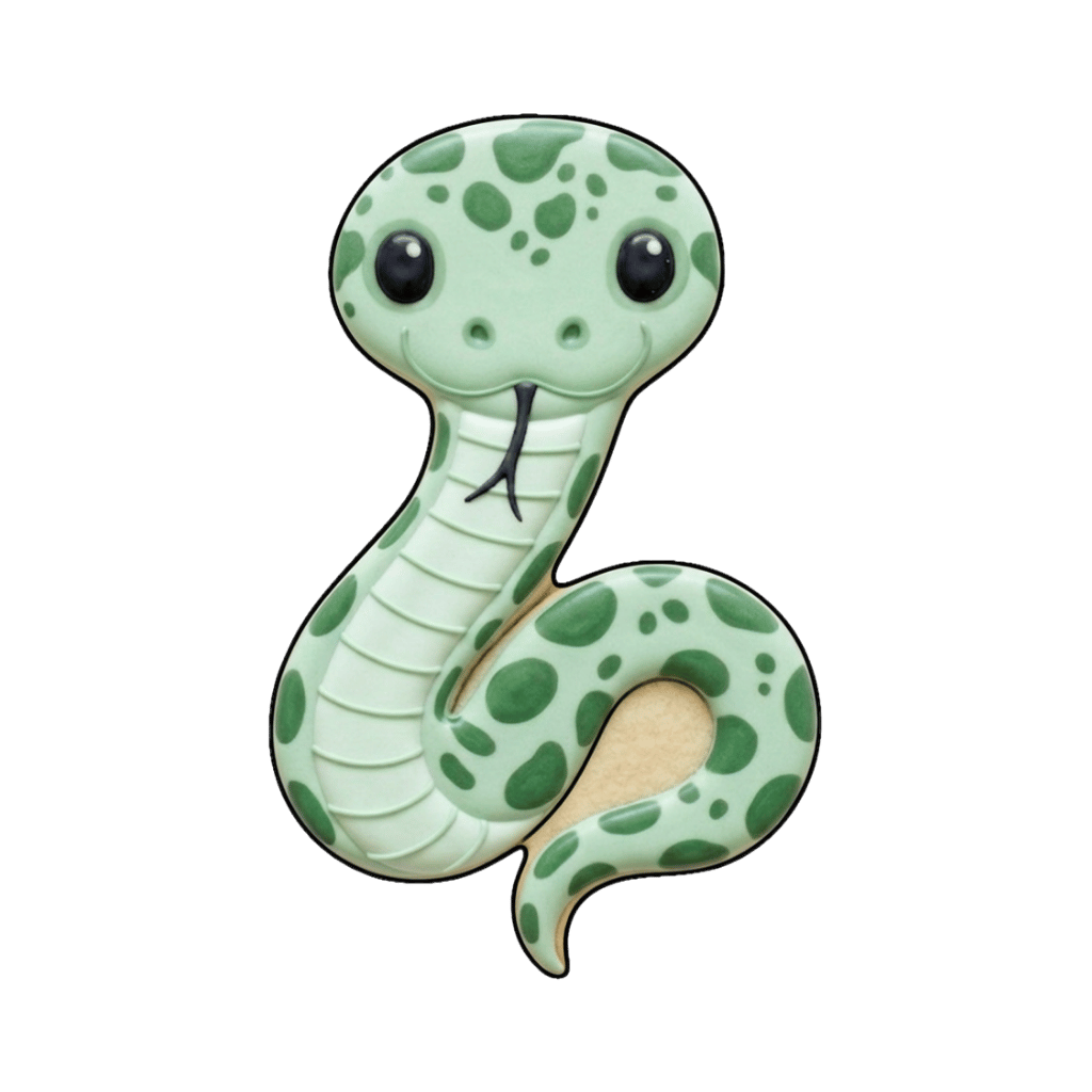 Mint green spotted snake cookie with a curled tail and soft cartoon face