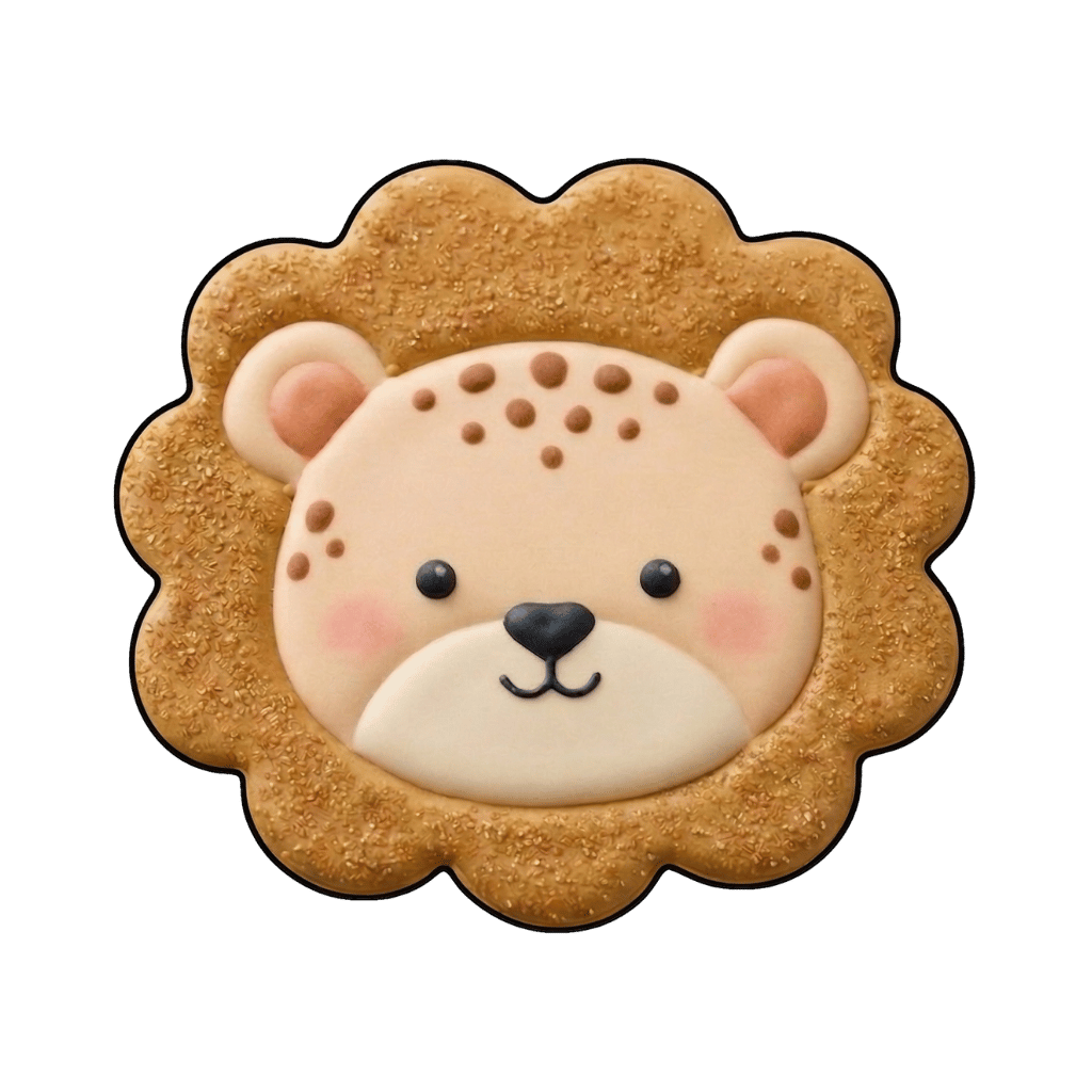 Lion face plaque cookie framed by a textured golden mane