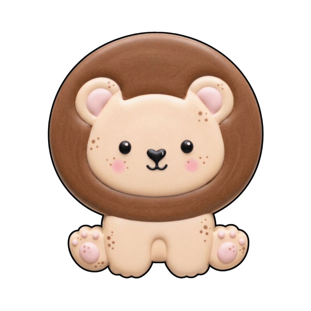 Sitting lion cub cookie with a dark brown mane and pink paw pads