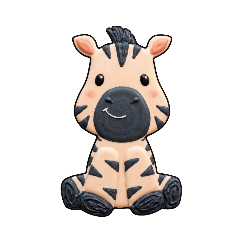 Sitting zebra cookie with blush cheeks and dark stripe details