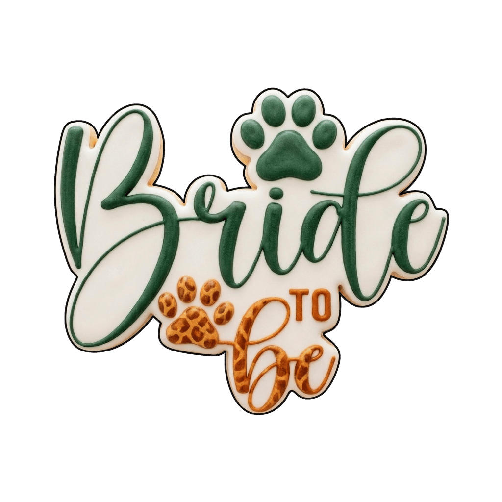 Bride to be script cookie with dark green lettering and leopard-print paw accents