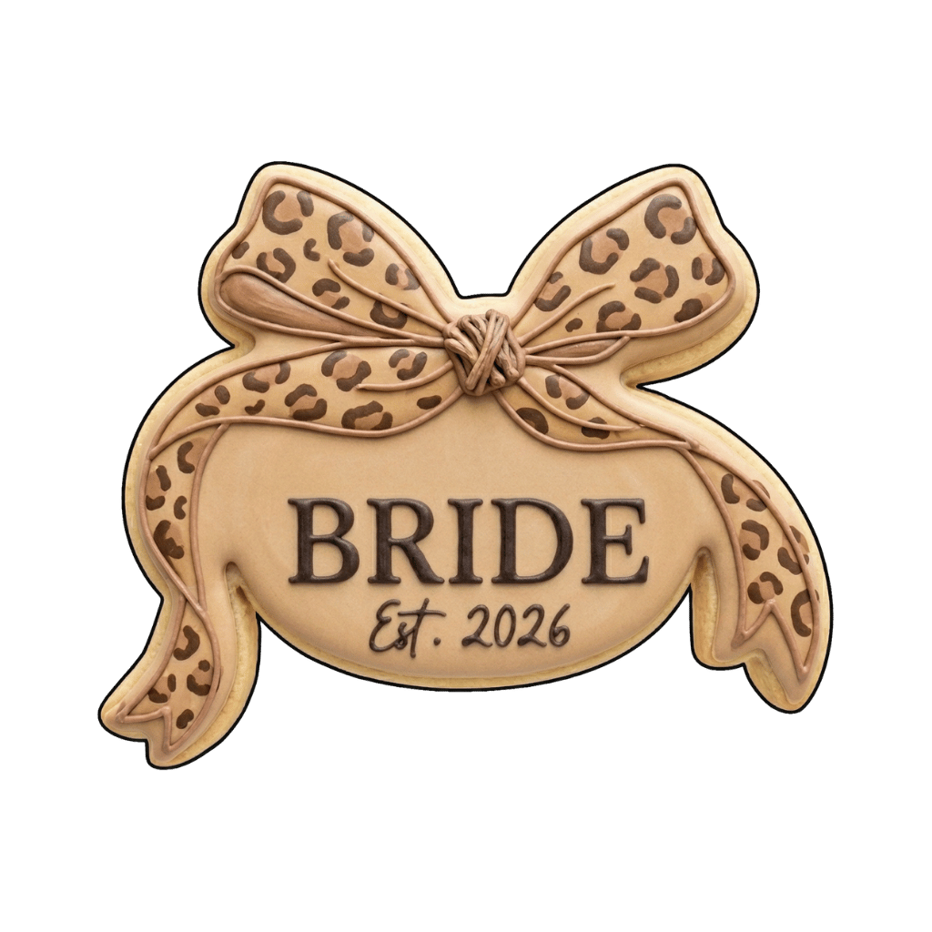 Bride est 2026 plaque cookie framed by a large leopard-print bow