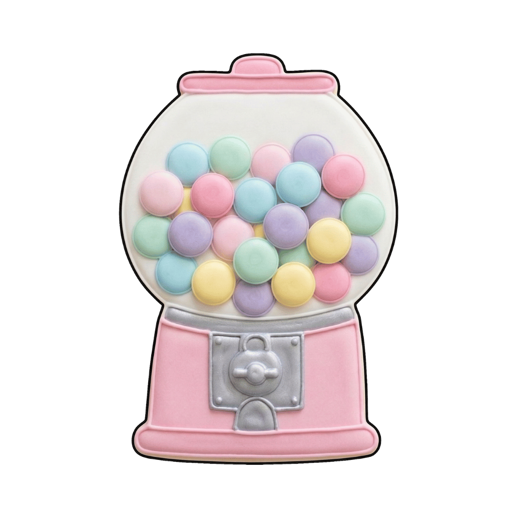 Pastel pink gumball machine cookie filled with mint, lavender, blue, yellow, and pink candy pieces