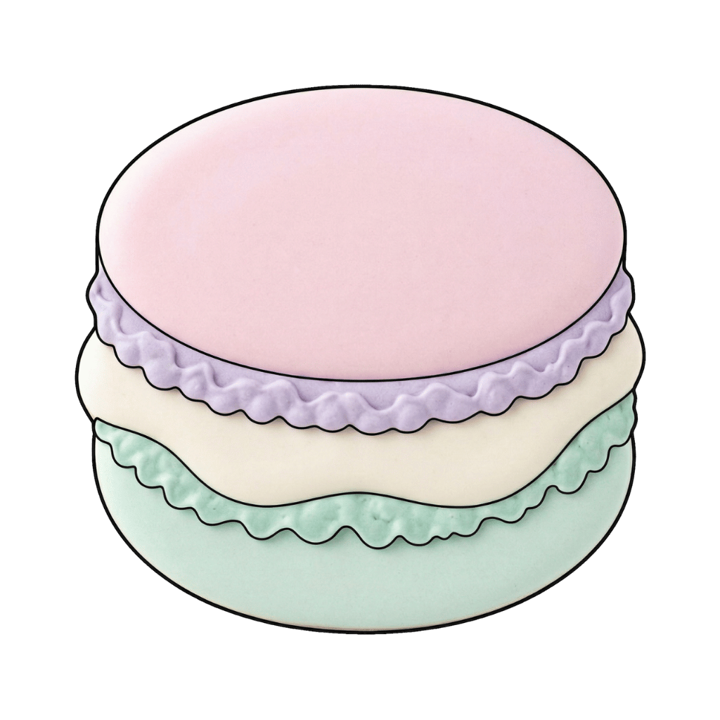 Pastel macaron cookie with pink top, cream filling, and mint base