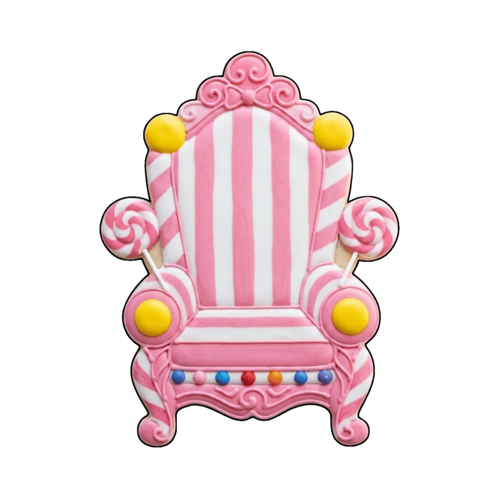 Pink striped candy throne cookie with swirled lollipops and yellow candy accents