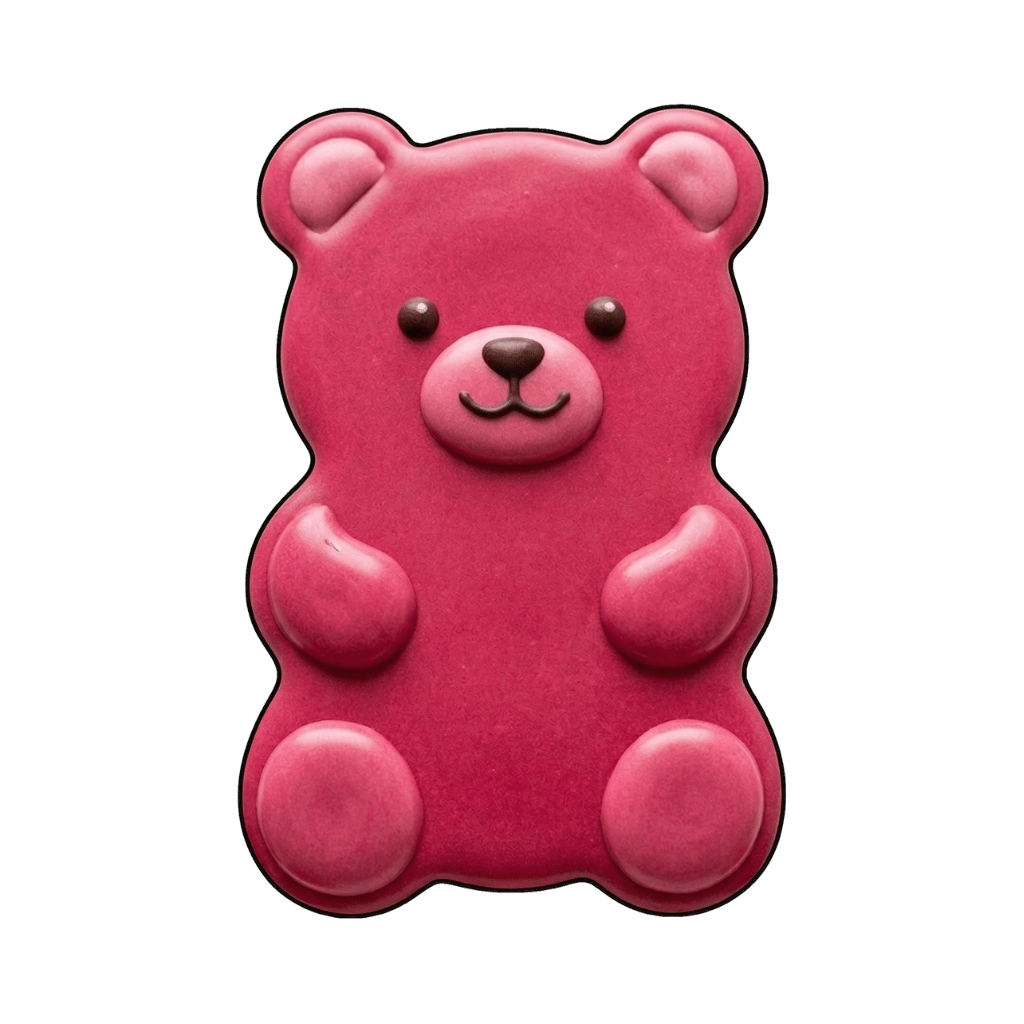 Bright pink gummy bear cookie with raised ears, paws, and face details