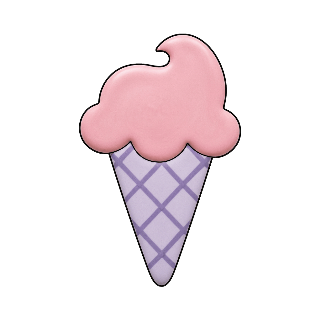 Pink soft-serve ice cream cone cookie with a lavender waffle cone pattern