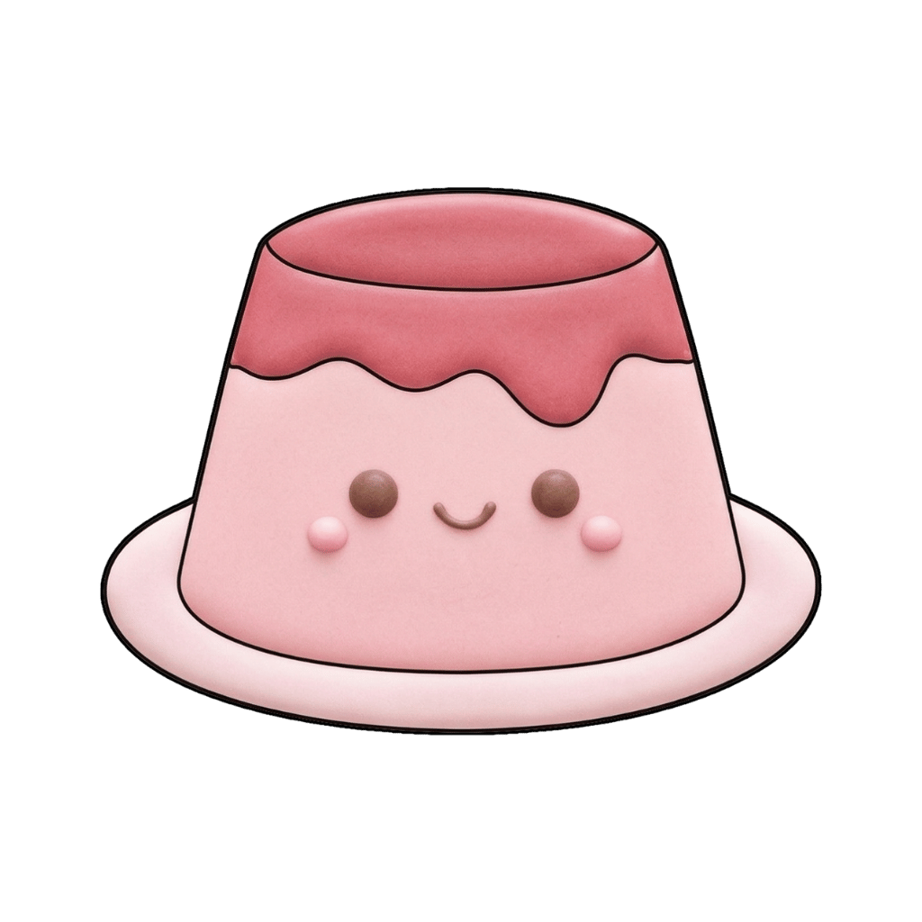 Smiling pink pudding cup cookie with darker pink caramel top and rosy cheeks