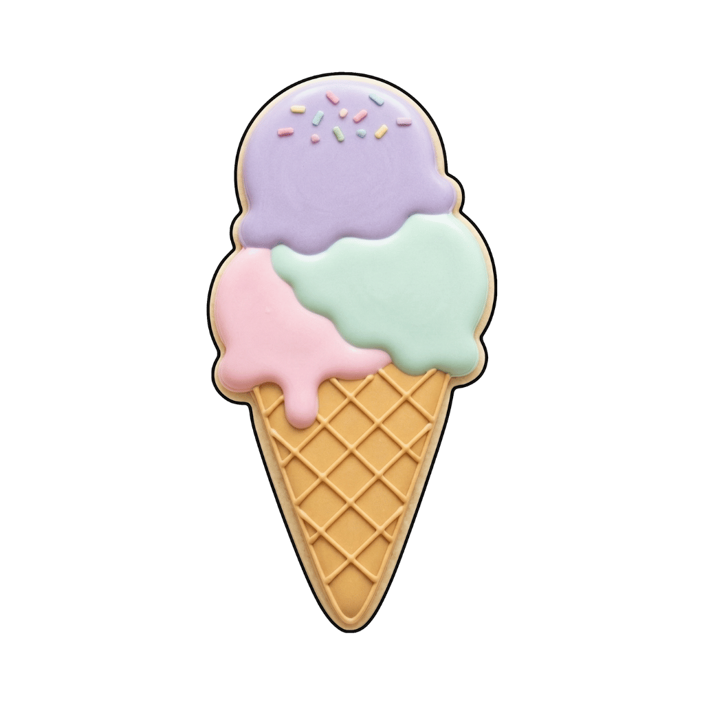 Pastel triple-scoop ice cream cone cookie with lavender, mint, and pink scoops and rainbow sprinkles