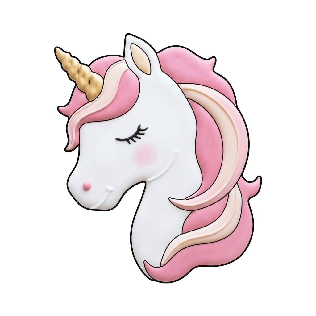 White unicorn profile cookie with a gold horn and flowing blush pink mane