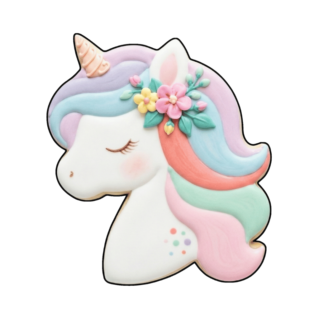 White unicorn profile cookie with pastel rainbow mane and small pink yellow and mint flowers by the ear