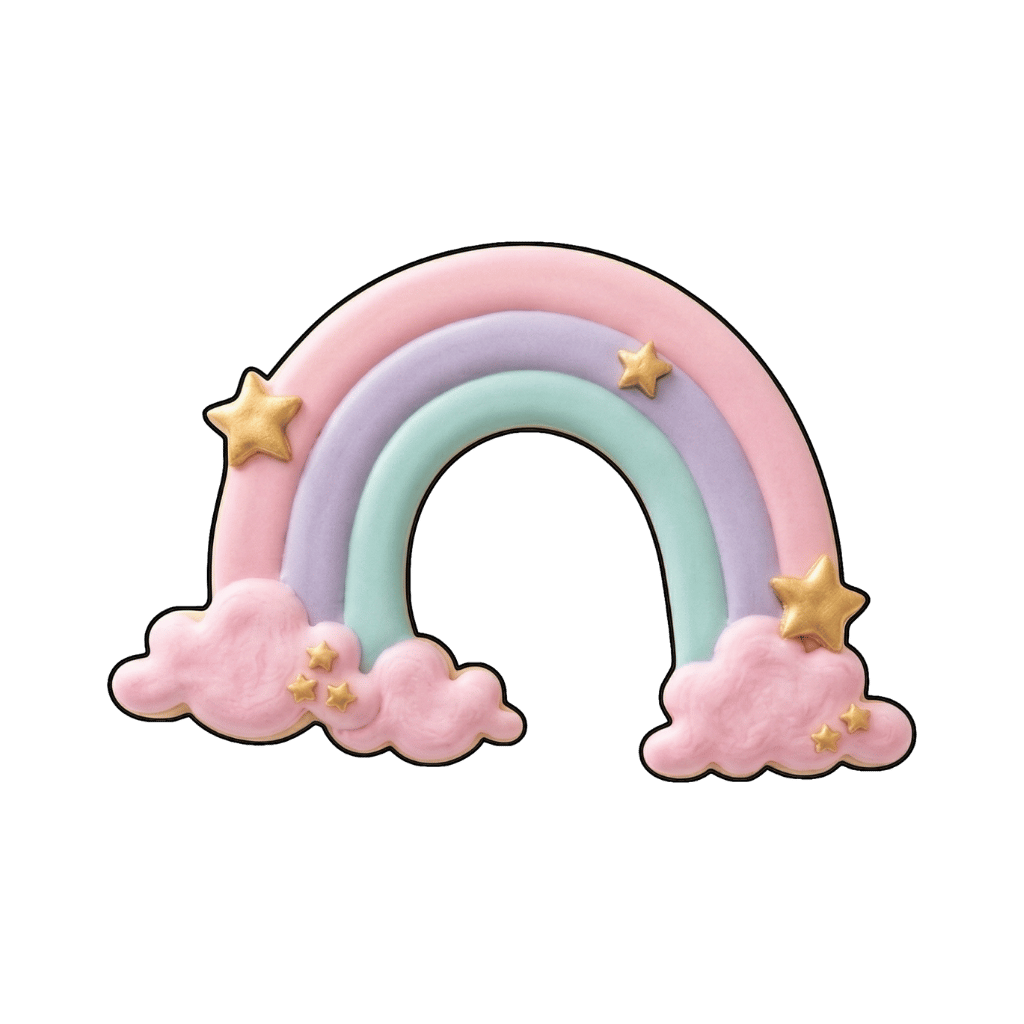 Pastel rainbow cookie with pink clouds and gold star accents