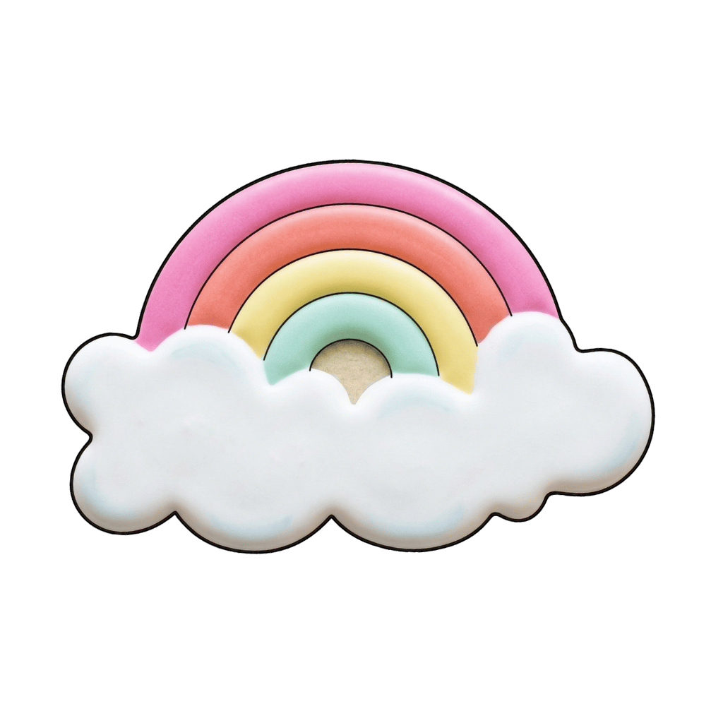 Pastel rainbow cookie with pink, coral, yellow, and mint arches resting on a soft white cloud
