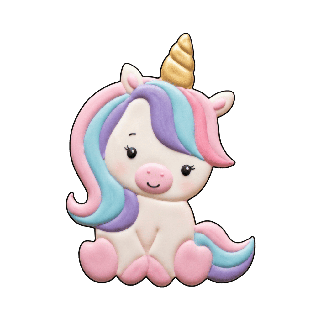 Sitting baby unicorn cookie with pink blue and lavender mane, gold horn, and rounded pastel hooves
