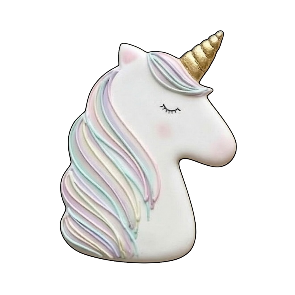 Sleeping unicorn head cookie with a gold horn and pastel piped mane