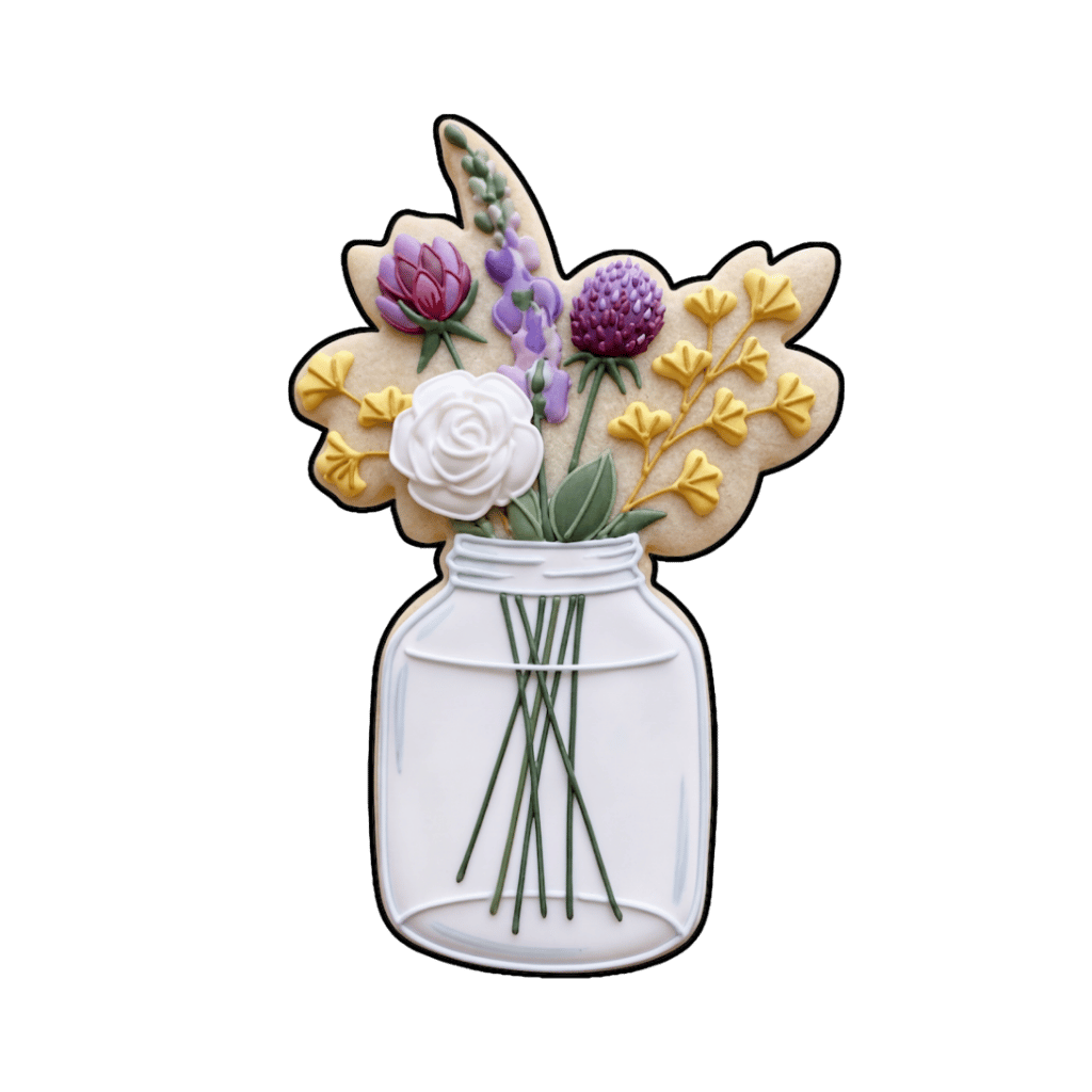 Mason jar bouquet cookie with white rose, purple florals, yellow sprigs, and long green stems