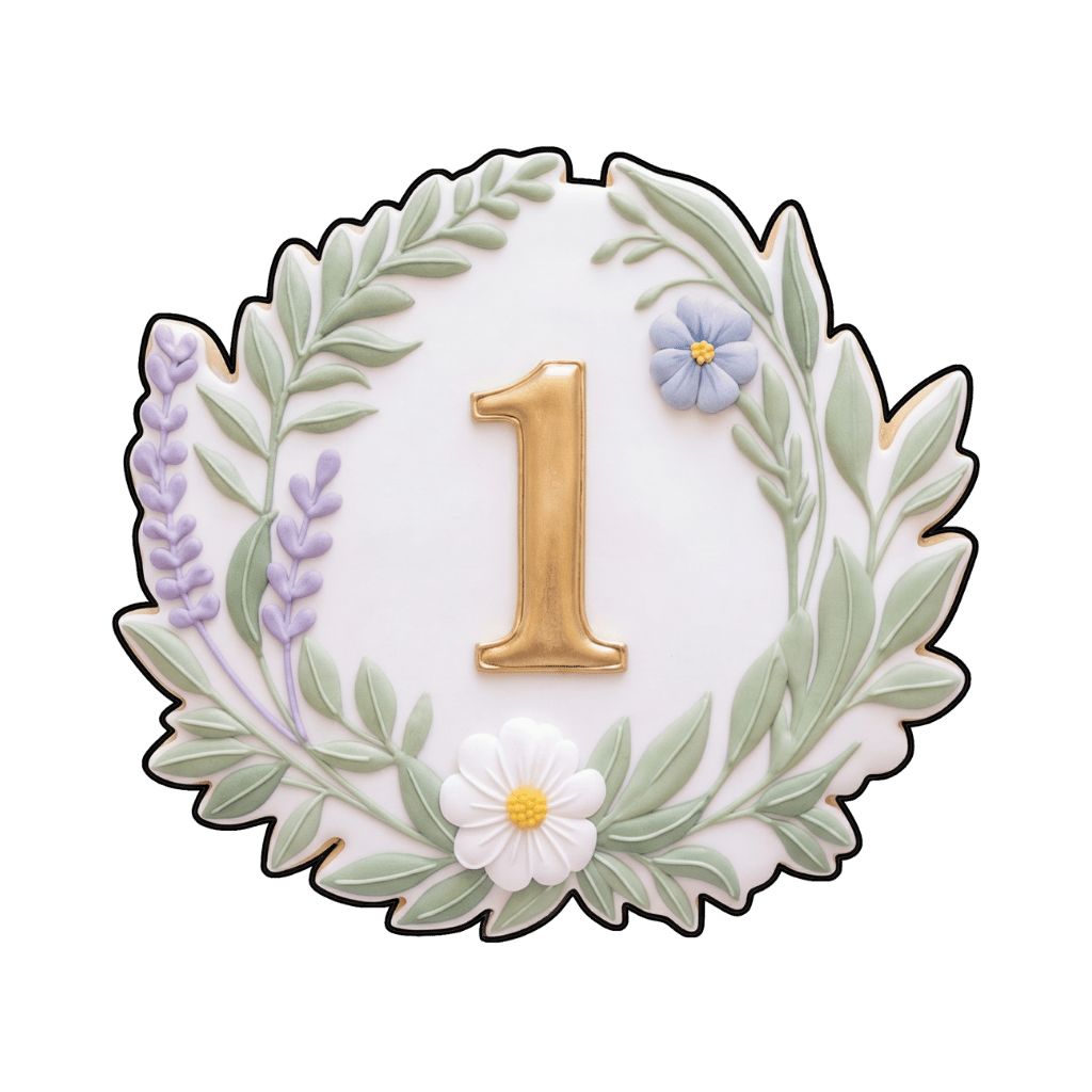 Leaf-framed first birthday plaque cookie with a gold number 1, lavender stems, and small wildflower accents