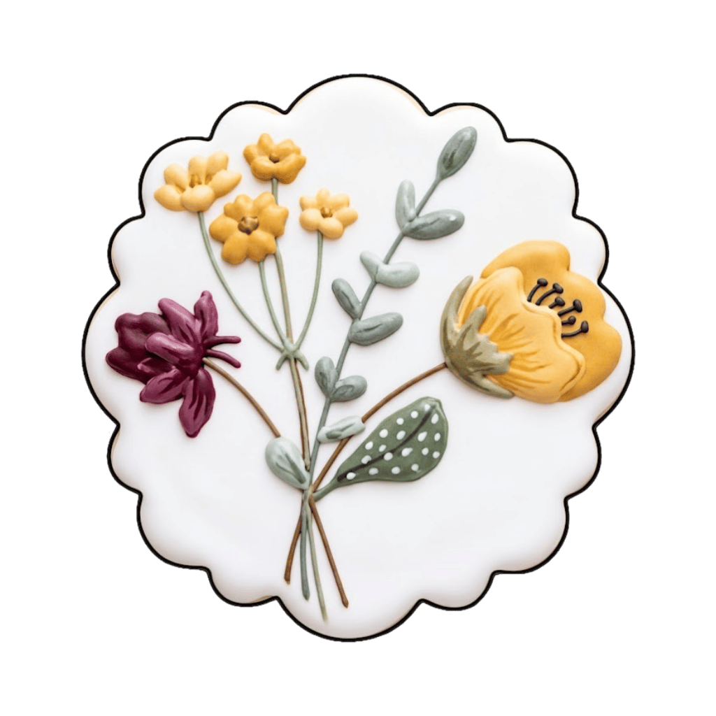 Scalloped white plaque cookie decorated with a loose wildflower bouquet in yellow, plum, and sage tones