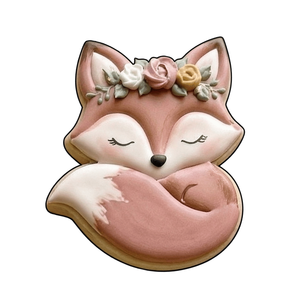 Sleeping fox cookie with blush icing and a small floral crown