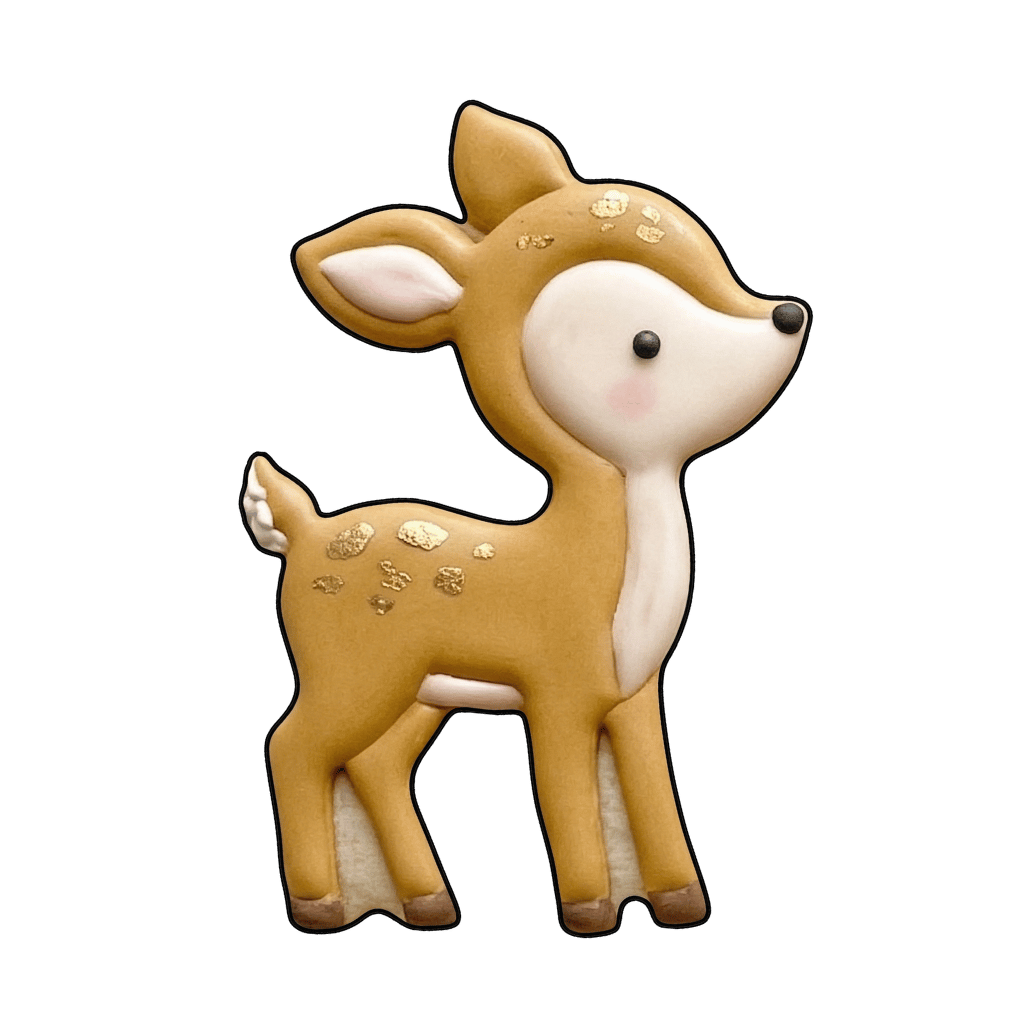 Small golden fawn cookie with white face details and gold spots