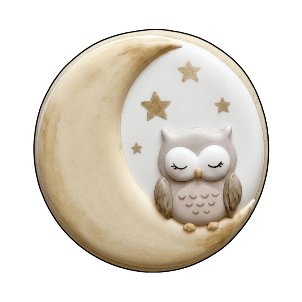 Sleepy owl cookie sitting on a cream crescent moon with gold stars