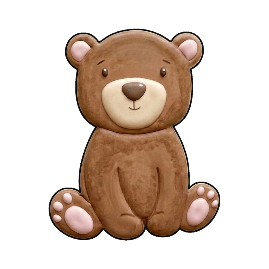 Simple sitting bear cookie with soft brown icing and pale pink paw details