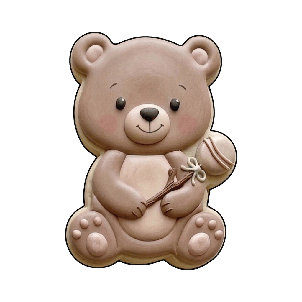 Soft brown teddy bear cookie holding a baby rattle
