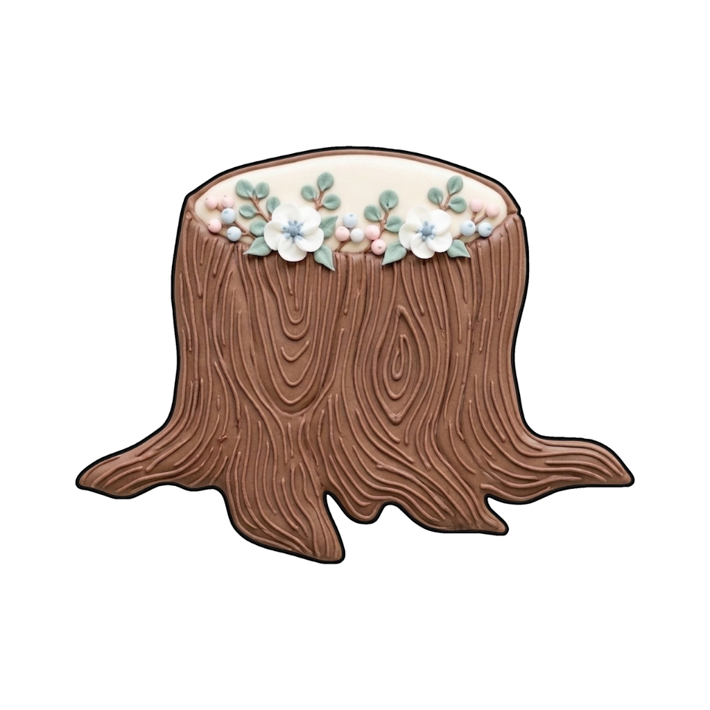 Woodland tree stump cookie with white flowers across the top